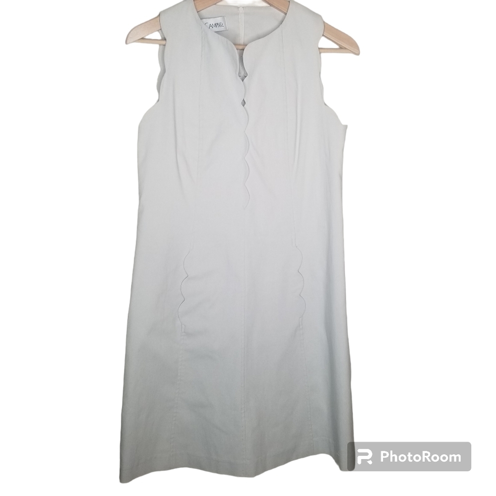 SARA CAMPBELL Gray Taupe Off White Scallop Simple lShift Dress